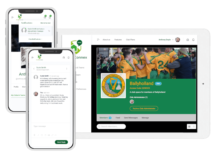 Mobile and tablet screens showing clubconnex app